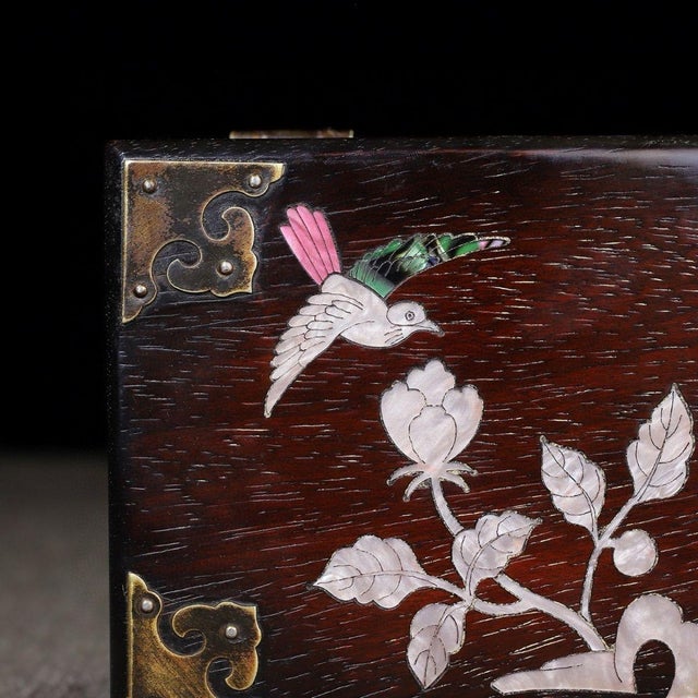 Vintage Sandalwood Jewelry Box With Mother-of-Pearl Bird & Floral Inlay For Sale - Image 4 of 9