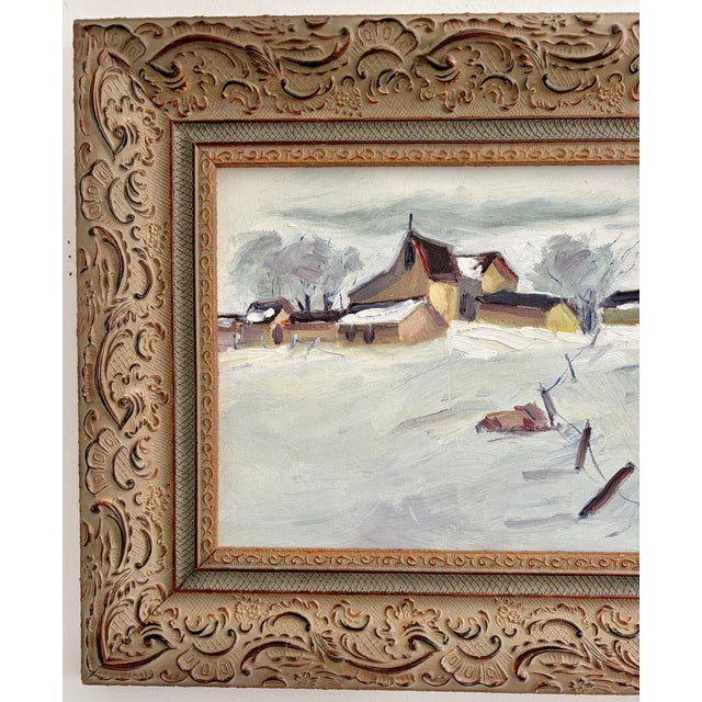 Early 20th Century Vintage Original Oil Painting on Board – Snowy Farm and Barn Winter Landscape – Ornate Frame For Sale - Image 5 of 17