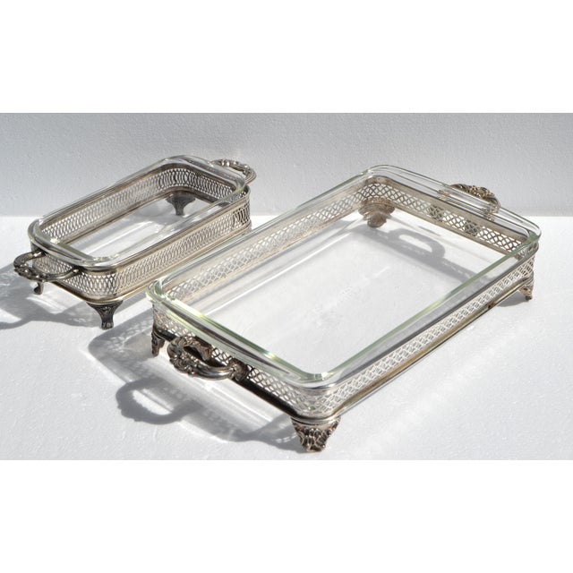 Victorian 1950s Pyrex Glass Silver Plate Holders Rectangle Baking Pan Casserole Serving Dishes - Set of 2 For Sale - Image 3 of 18