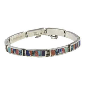 Late 20th Century Man's Native American Sterling Silver Multi Color Inlay Gemstone Link Bracelet
