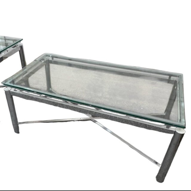 Modern 1970s Ultra-Modern 3-Piece Glass and Chrome Coffee Table & Two Matching End Tables. For Sale - Image 3 of 10