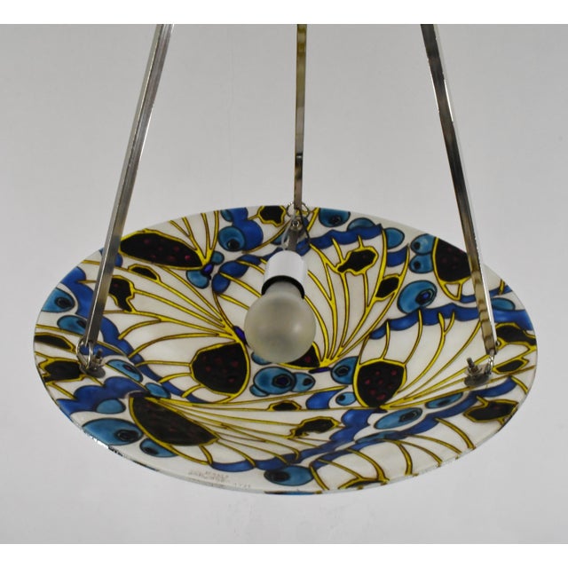 French Art Deco Pendant Light by Maxonade 1930s - Butterfly Motif Enamelled Bowl For Sale - Image 9 of 13