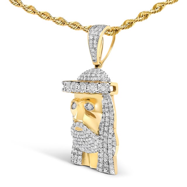 Haus of Brilliance Men's 10K Yellow Gold 1 1/3 Cttw Diamond Studded Jesus Pendant Necklace For Sale - Image 4 of 4