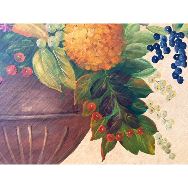 Large Original Fruit and Flowers in Urn Still Life Painting on Panel For Sale - Image 4 of 6