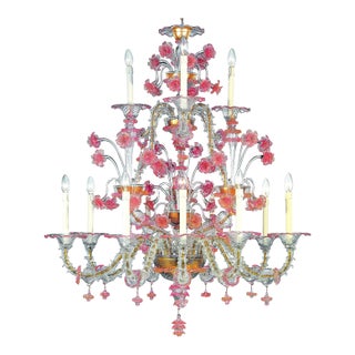 Luxury Pink and Transparent Venetian Murano Glass Chandelier For Sale