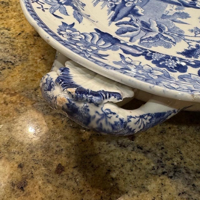 Blue Antique Spode "Girl at the Well" Warming Plate c.1830 For Sale - Image 8 of 10