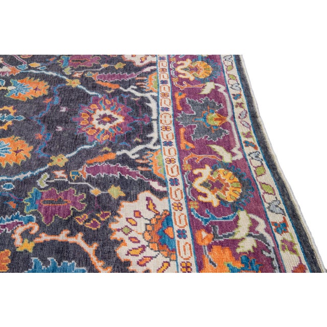 Modern Oushak Handmade Allover Floral Grey and Purple Wool Rug For Sale - Image 9 of 13