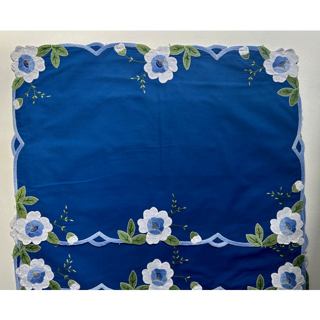 Vintage Set of 6 Royal Blue & White Floral Madeira Cotton Placements For Sale In New York - Image 6 of 15