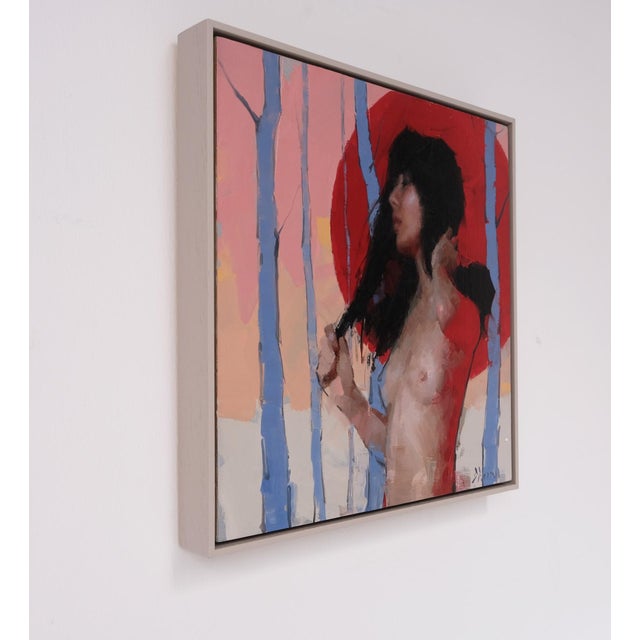 This artwork features a figure partially draped in an umbrella, set against a backdrop of tall, slender trees that evoke a...