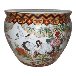 Vintage Chinese Satsuma Crane Design Koi Fish Bowl /Planter /Cachepot For Sale
