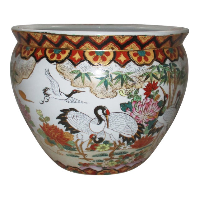 Vintage Chinese Satsuma Crane Design Koi Fish Bowl /Planter /Cachepot For Sale
