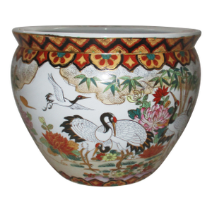 Vintage Chinese Satsuma Crane Design Koi Fish Bowl /Planter /Cachepot