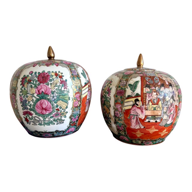 Pair of Vintage Rose Medallion Covered Melon Jars With Brass Finials For Sale