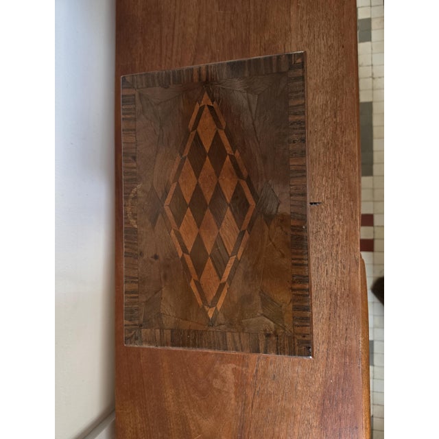 Antique Walnut Marquetry Jewelry Box With Key, Burl Wood Keepsake Box, Red Velvet Lined Locking Treasure Chest, Desk Box For Sale - Image 14 of 16
