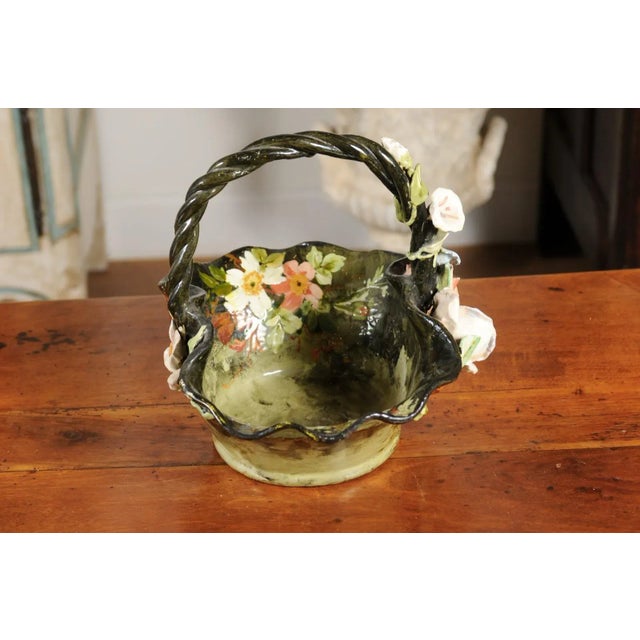 Green 19th Century French Barbotine Jardinière Basket with High Relief Pastel Flowers For Sale - Image 8 of 11