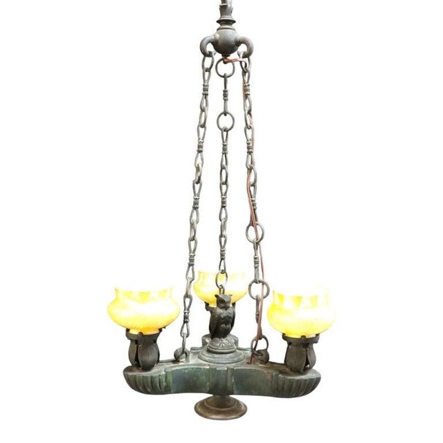 Glass Aesthetic Movement Figural Bronze \Chandelier With Owl & Quezal Shades C1900 For Sale - Image 7 of 13