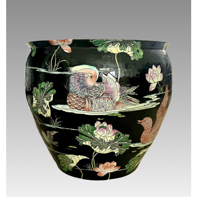 Black Huge Chinese Famille Noire Black Porcelain Jardiniere, Mandarin Ducks, Birds & Lotus Pond Goldfish Bowl Planter, Signed, Hong Kong For Sale - Image 8 of 14