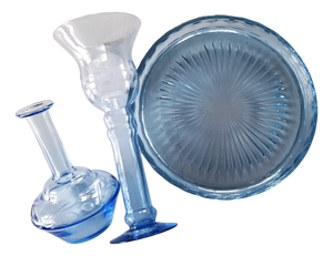 Blue Glass Tray, Carafe, and Candleholder, 1950s, Set of 3