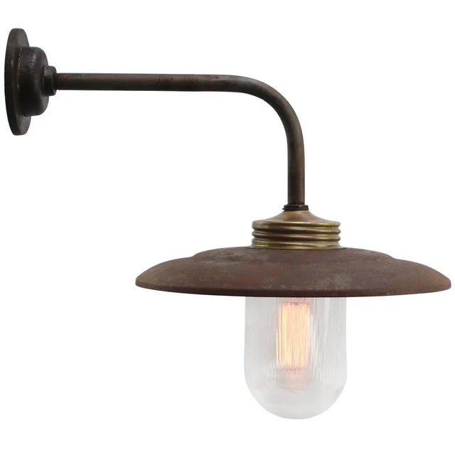 Vintage Industrial Rust Iron and Brass Glass Sconce with Clear Striped Glass Bulb For Sale - Image 5 of 6