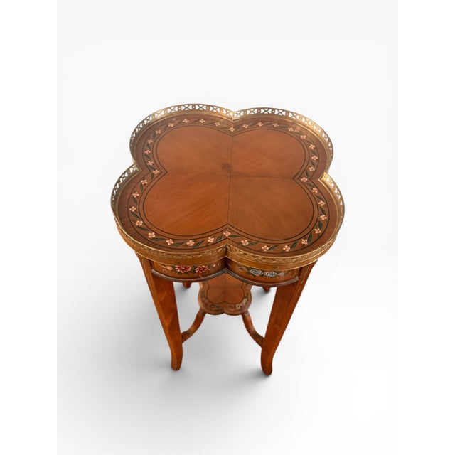 French Country Theodore Alexander Hand-Painted Quatrefoil Accent Table With Brass Gallery For Sale - Image 3 of 13