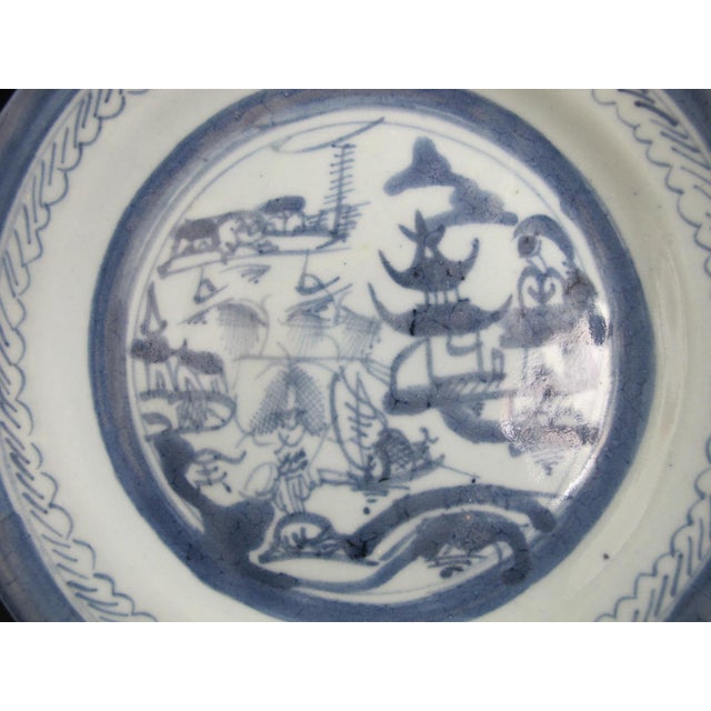 Chinese Antique Chinese Canton Blue Export Village Scene Porcelain Plate 8 3/4" For Sale - Image 3 of 6