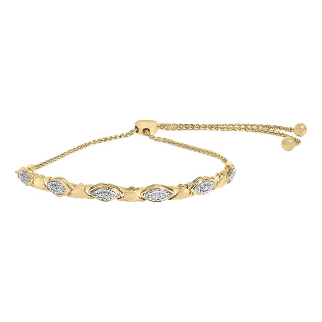 14K Yellow Gold Plated .925 Sterling Silver Diamond Accent Alternating Marquise Shape and Heart Links Bolo Bracelet - Adjustable 6" to 9" For Sale