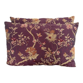 Vintage Jacquard Brocade Pillow Pair in Eggplant and Burnt Orange For Sale