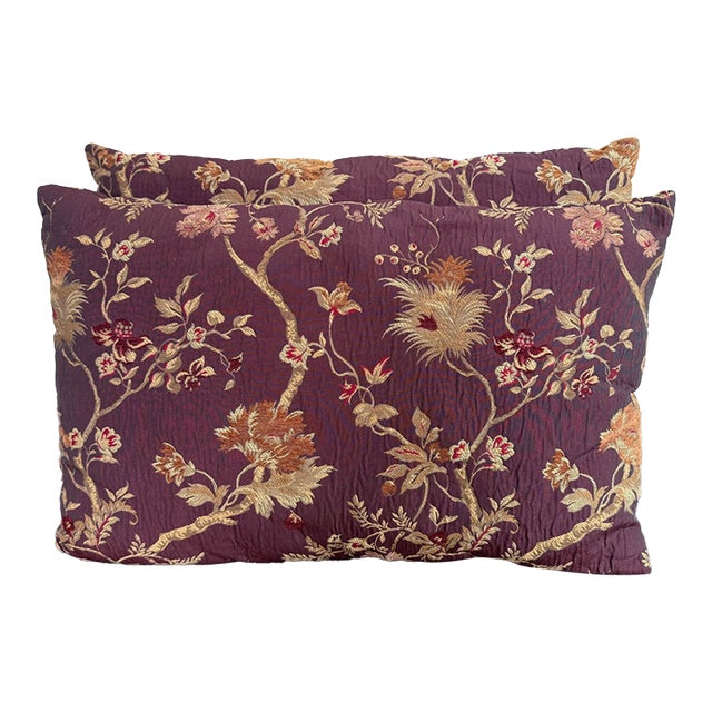 Vintage Jacquard Brocade Pillow Pair in Eggplant and Burnt Orange For Sale