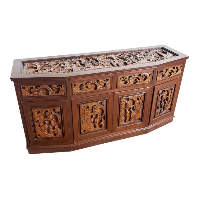 Asian Wooden Hand Carved Credenza For Sale