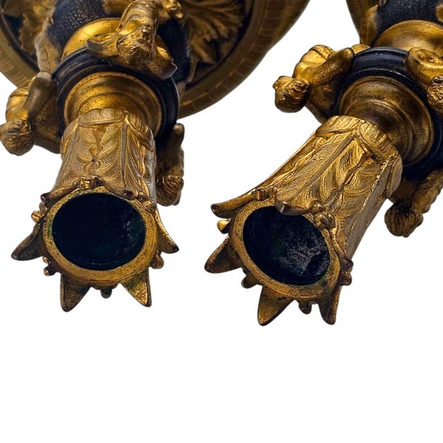 Gold French 19th C Ormolu Bronze Candlesticks Grotesque Masks Putti Revival 2pc 8.5" For Sale - Image 8 of 15