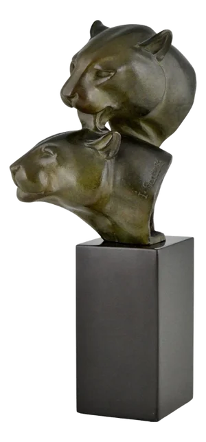 Irenee Rochard, Art Deco Sculpture with Two Panther Heads, 1930, Bronze & Marble