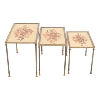Brass Nesting Tables with Dried Flowers by Allinckx, 1970s, Set of 3 For Sale