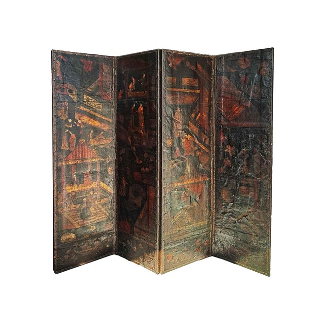 Late 19th Century Antique Chinoiserie-Decorated Painted Leather Folding Screen For Sale - Image 5 of 5