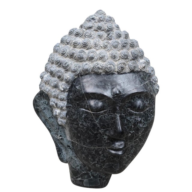 Vintage Hand-Carved Thai Black Marble Buddha Head Sculpture For Sale - Image 4 of 8