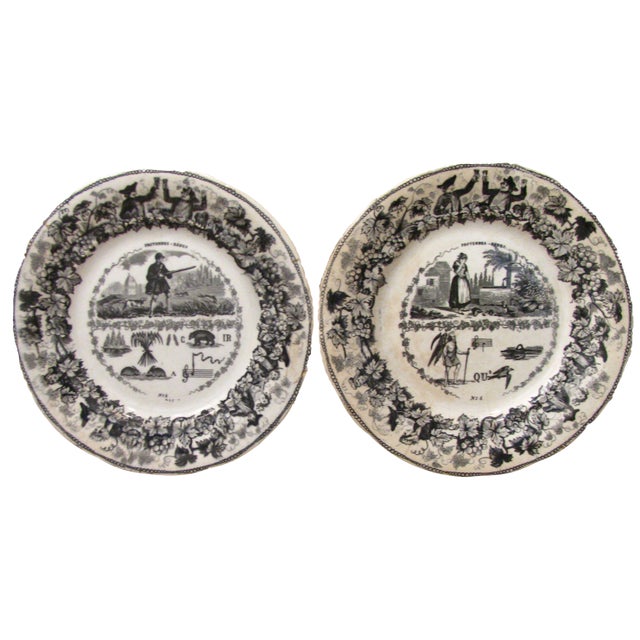 19thC Antique French Transferware Rebus / Puzzle or Riddle Plates, Pair For Sale