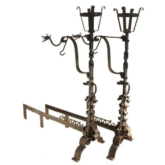 Early 20th Century Large Hand Wrought Gothic Arts and Crafts Andirons - a Pair For Sale - Image 5 of 5