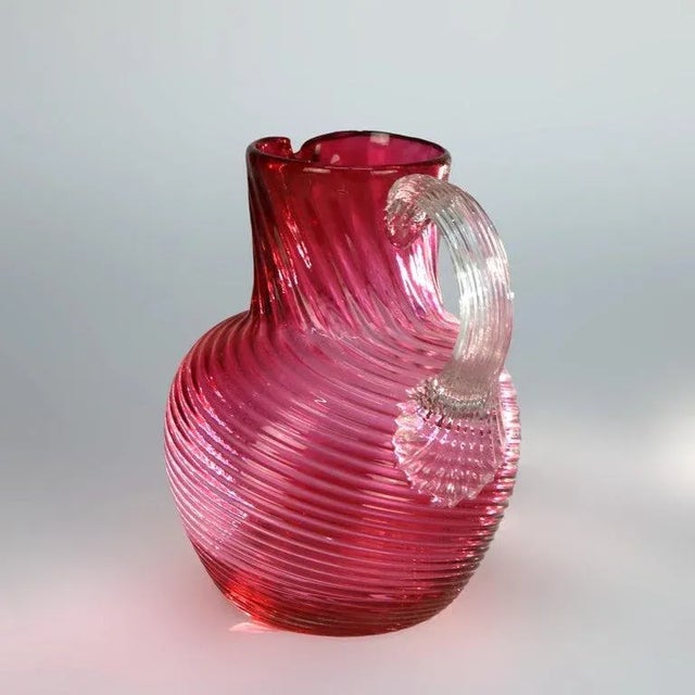 Glass Cranberry Swirl Glass Water Pitcher With Applied Glass Handle 20thC For Sale - Image 7 of 10