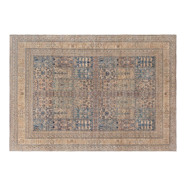 Camel and Pastel Blue Antique Persian Kirman Rug For Sale