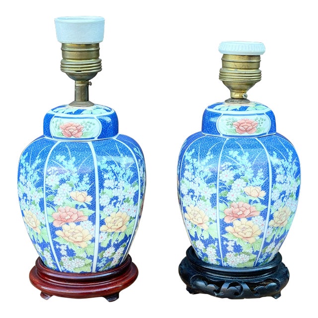 Vintage Petite Chinese Porcelain Ginger Jar Table Lamps in Blue & White Floral Motif - a Pair For Sale