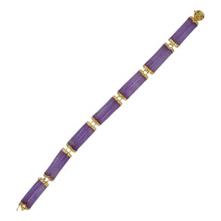 1970s Chinese Lavender Jade and 14k Gold Link Bracelet For Sale