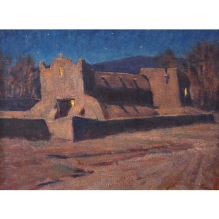 Moonlight San Lorenzo de Picuris by Lorenzo Chavez | Oil on Board Night scene of a historic adobe church. For Sale