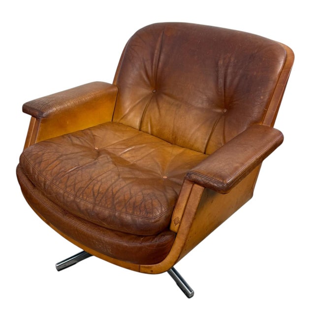 Mid-Century Modern Vintage Cognac Leather Swivel Lounge Chairs from Eugen Schmidt, 1970s, Set of 2 For Sale - Image 3 of 18
