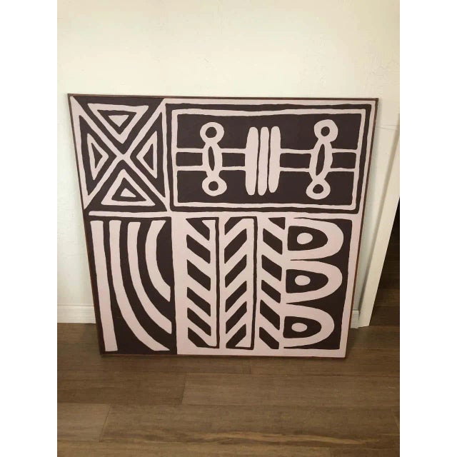 Large Mid Century abstract geometric painting on canvas. African tribal vibes and colors. Brown with an off-white creamy...