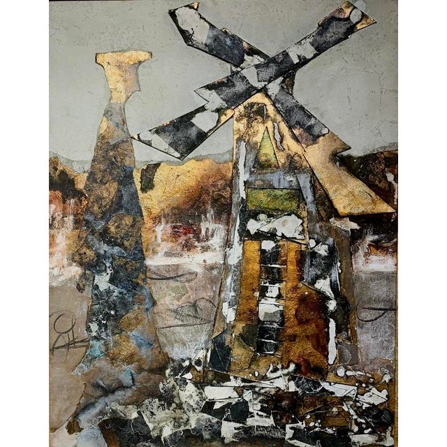 A single figure, presumably the miller of the title, stands within a composition built from gold leaf and layered oil in...