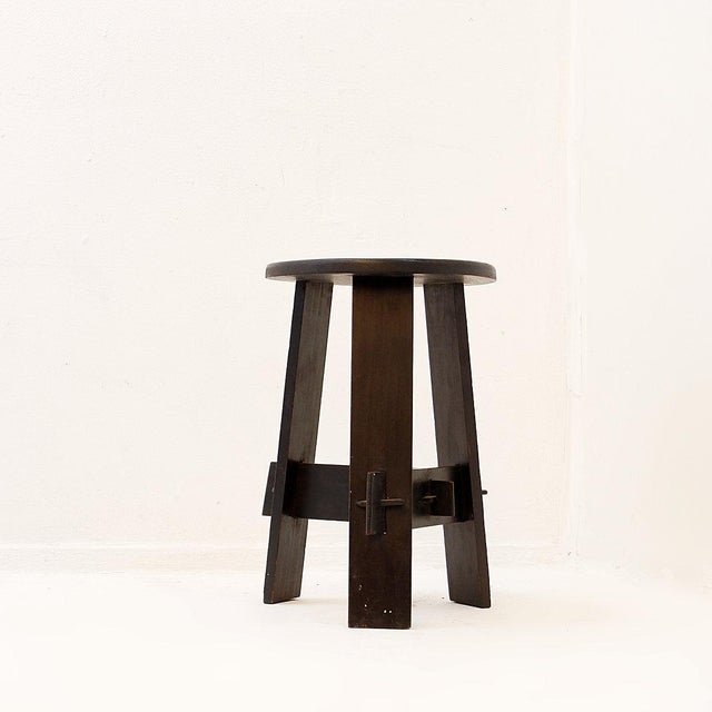 Vintage Black-Stained Wooden Tripod Stool with Tenon Joints For Sale - Image 9 of 13