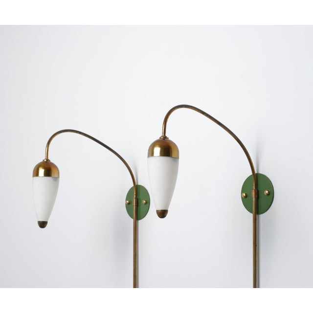 Vintage Italian Wall Sconces in Green Lacquered Brass and Opaline Glass, 1950s, Set of 2 For Sale - Image 6 of 10
