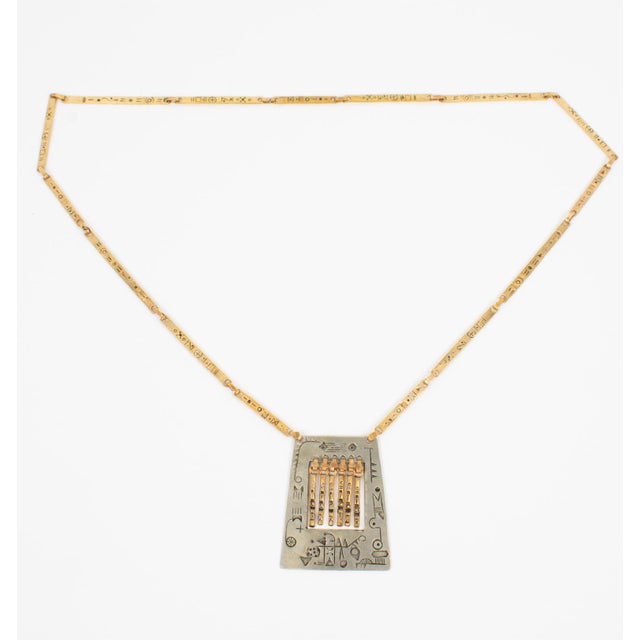 Contemporary Modernist Brass and Silvered Metal Hieroglyph Ethnic Graffiti Necklace For Sale - Image 3 of 10