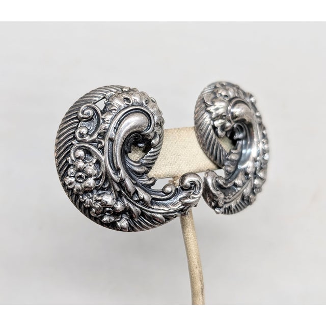 Mid-Century Modern Vintage Signed Napier Silvertone Baroque Style Repoussé Swirl Clip Earrings-2 Pieces For Sale - Image 3 of 8