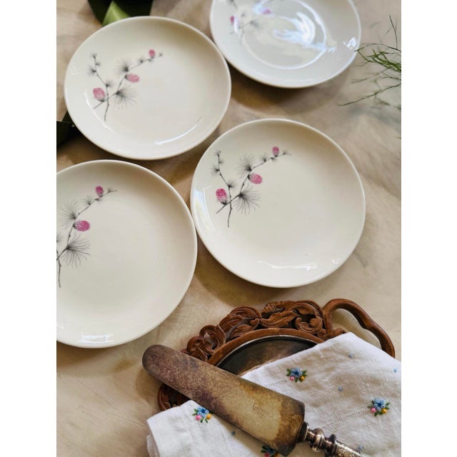 Ceramic Vintage Mid Century Modern Pink Thistle Floral 6.5” Plates - Set of Four (4) For Sale - Image 7 of 9