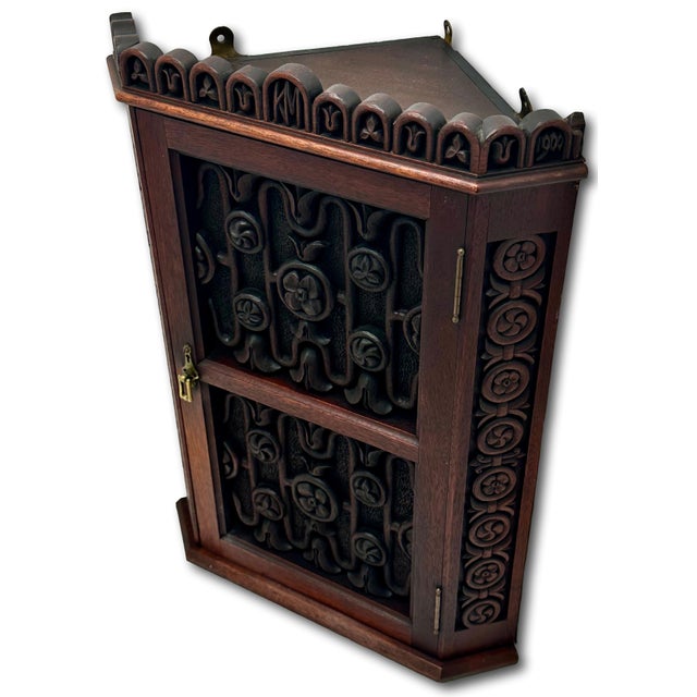 Outstanding Antique Beautifully Hand Carved Solid Mahogany Wall Hanging Corner Cabinet - Signed & Dated 1900 For Sale - Image 10 of 18